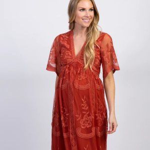 PinkBlush Rust Lace Mesh Overlay Maternity Maxi Dress
